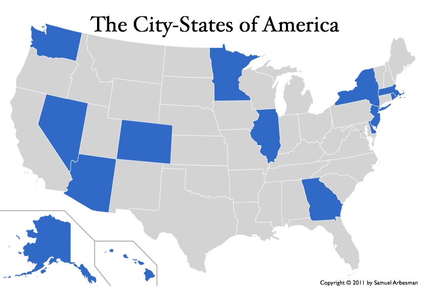 U.S. Map highlighting states where most people live in one metropolitan