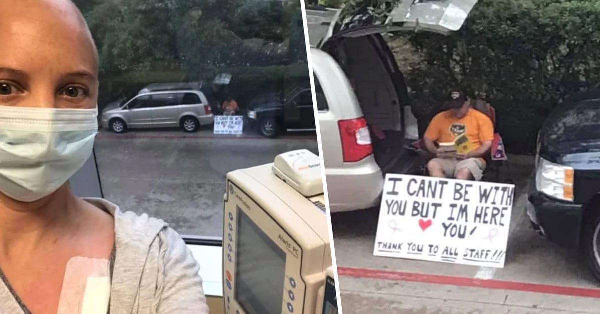 Husband Who Can’t Be with Wife During Chemo Treatment Waits Outside Hospital with Sign