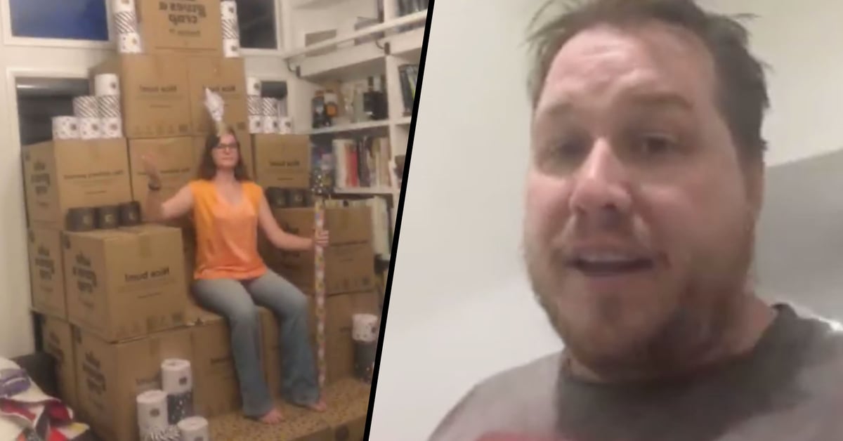 Couple Build Toilet Paper Throne After Accidentally Ordering 2,300 Rolls